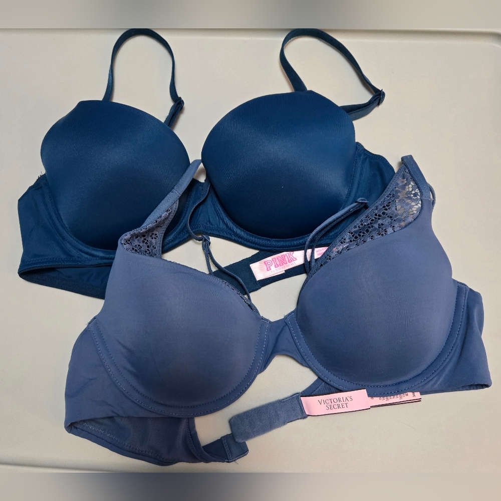 Set of TWO bras: Victoria's Secret & Pink 34B blue underwire
